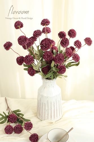 Floroom 5pcs Faux Silk Pompon Mums Artificial Flowers in Burgundy