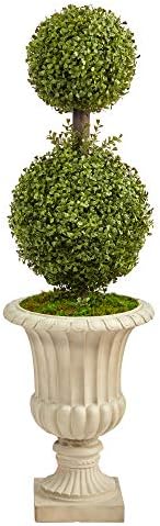 Nearly Natural 4ft Double Boxwood Topiary with Sand Urn
