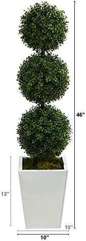 Nearly Natural 46in Boxwood Triple Ball Topiary Artificial Tree in White Metal Planter