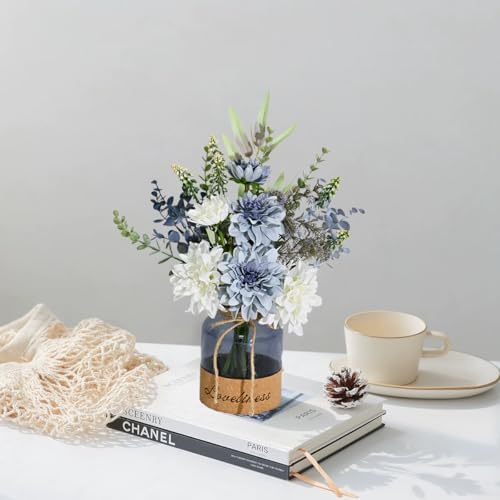 LADADA Floral Arrangement with White and Blue Flowers in Glass Vase