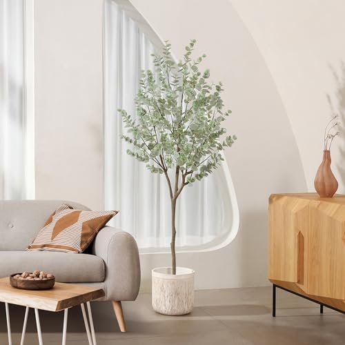 6ft Artificial Eucalyptus Tree with White Leaves and Plastic Pot