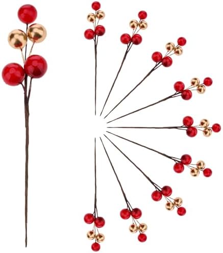 10pcs Red Gold Mixed Glitter Artificial Berries for Halloween Wedding Centerpieces