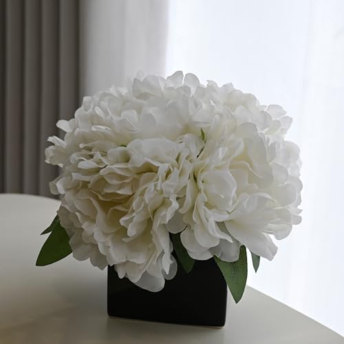 LADADA Artificial Peony Bouquet in Square Black Ceramic Vase