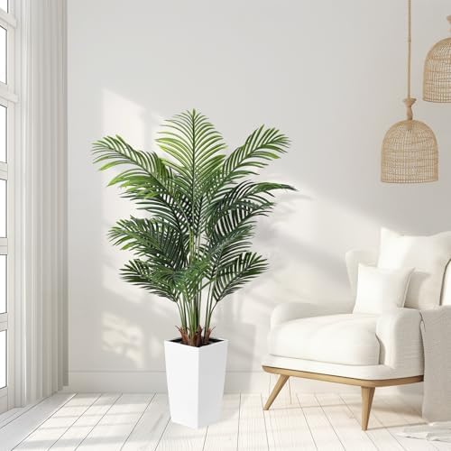 FEELEAD 5FT Artificial Golden Cane Palm Tree with White Planter
