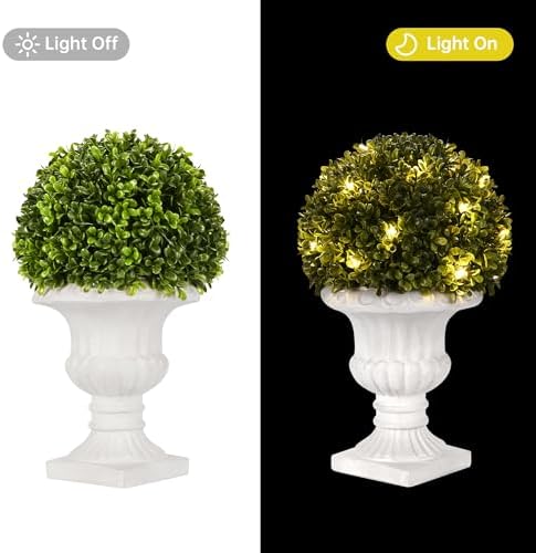 2 Pack Artificial Boxwood Topiary with Lights in Urn Container