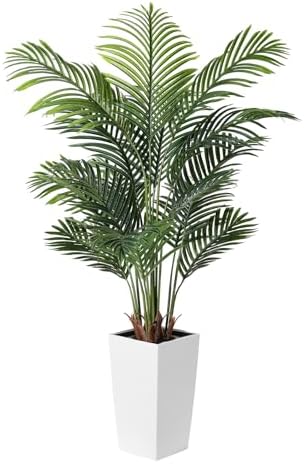 FEELEAD 5FT Artificial Golden Cane Palm Tree with White Planter