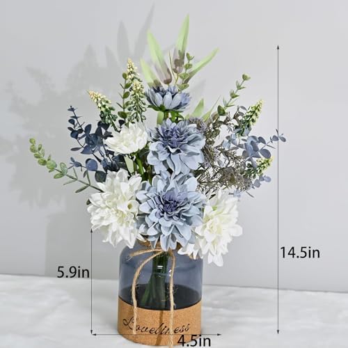 LADADA Floral Arrangement with White and Blue Flowers in Glass Vase