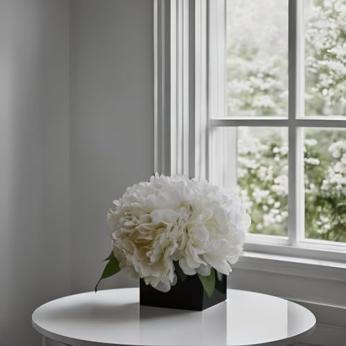 LADADA Artificial Peony Bouquet in Square Black Ceramic Vase