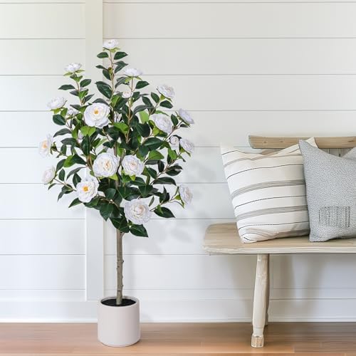 47 Inch Artificial Camellia Tree with White Flower Pots - 2 Pack