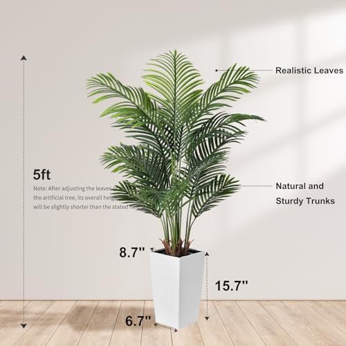 FEELEAD 5FT Artificial Golden Cane Palm Tree with White Planter