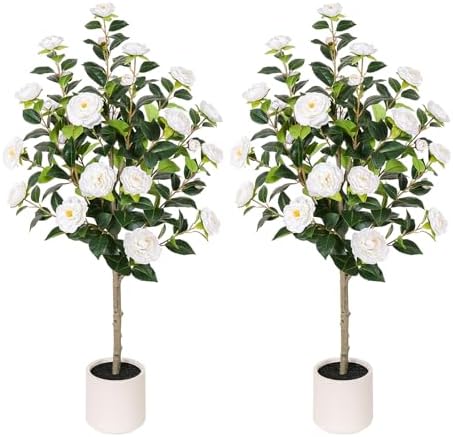 47 Inch Artificial Camellia Tree with White Flower Pots - 2 Pack