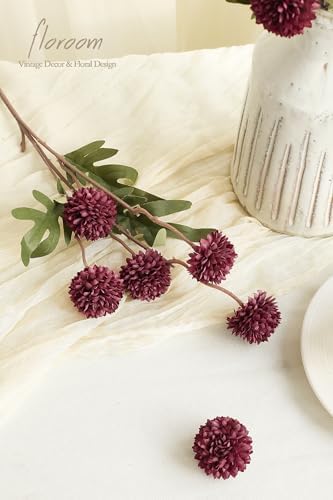 Floroom 5pcs Faux Silk Pompon Mums Artificial Flowers in Burgundy