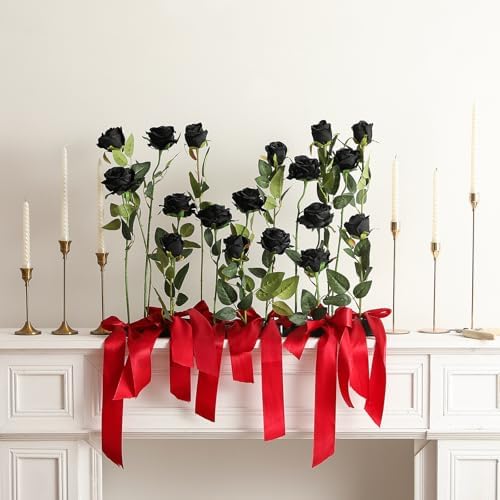 Hawesome 12PCS Artificial Silk Roses Bouquet with Realistic Black Stems