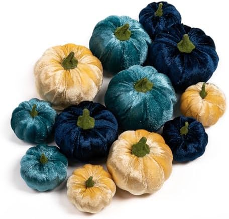 Ywlake 12 Pcs Artificial Blue Velvet Pumpkins Fall Decor