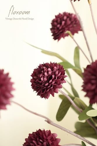 Floroom 5pcs Faux Silk Pompon Mums Artificial Flowers in Burgundy