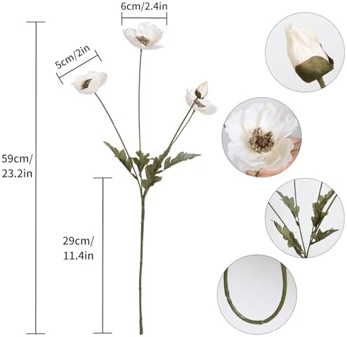 IPOPU White Artificial Poppy Flowers 6pcs with Stems