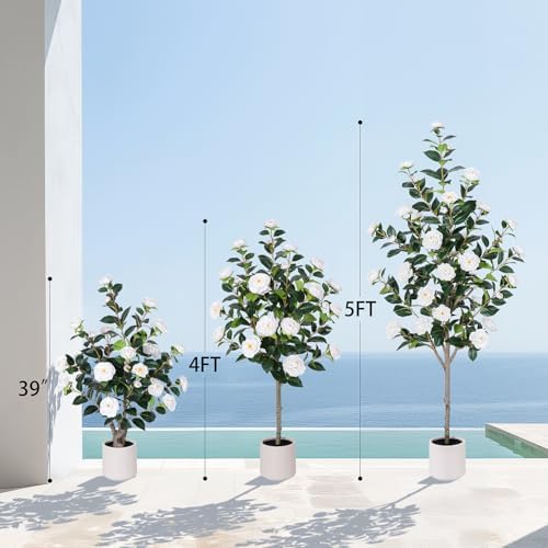 47 Inch Artificial Camellia Tree with White Flower Pots - 2 Pack