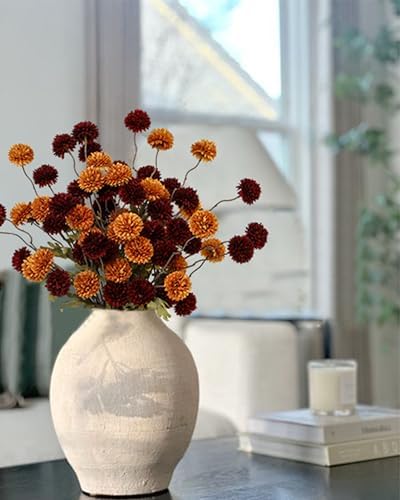 DuHouse 6pcs Artificial Flowers Faux Silk Pompon Mum with Stems