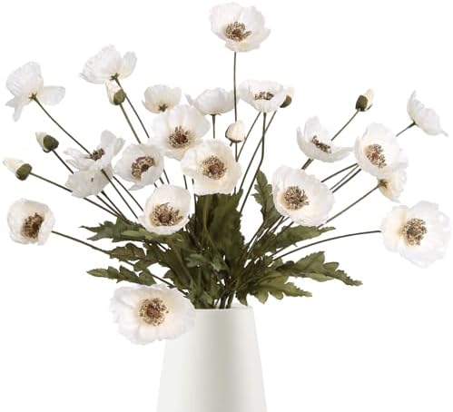 IPOPU White Artificial Poppy Flowers 6pcs with Stems
