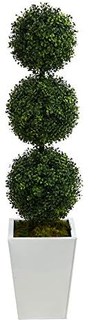 Nearly Natural 46in Boxwood Triple Ball Topiary Artificial Tree in White Metal Planter