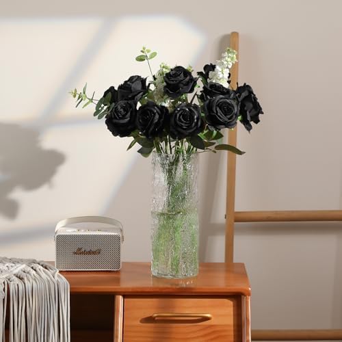 Hawesome 12PCS Artificial Silk Roses Bouquet with Realistic Black Stems