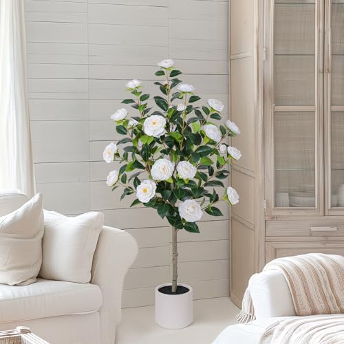 47 Inch Artificial Camellia Tree with White Flower Pots - 2 Pack