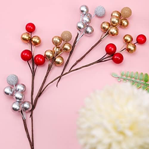 10pcs Red Gold Mixed Glitter Artificial Berries for Halloween Wedding Centerpieces