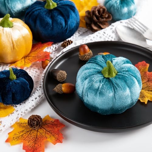 Ywlake 12 Pcs Artificial Blue Velvet Pumpkins Fall Decor