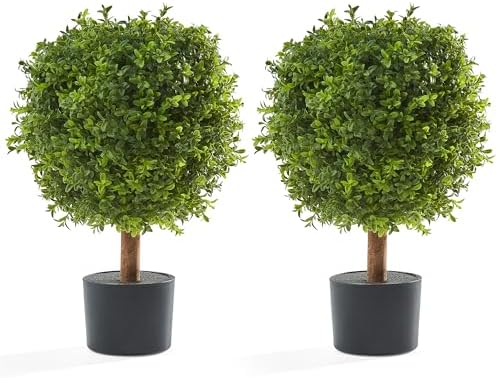 Artificial Topiary Boxwood Trees Set of 2 24 Inch Pre Potted Faux Plants