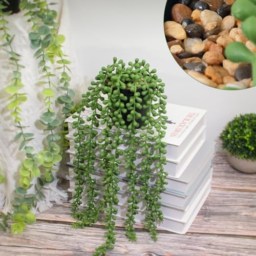 LOYWREE Artificial String of Pearls Hanging Plant in Black Pot
