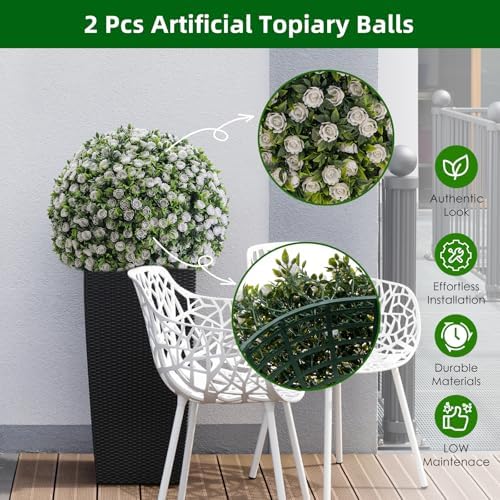 15 Inch White Rose Topiary Balls Set of 2