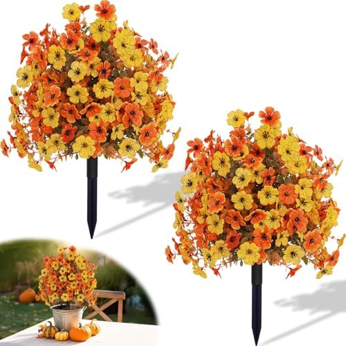 Outdoor Fall Artificial Flowers 2 Pack Topiary Bushes with Ground Stakes