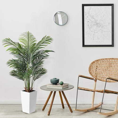 FEELEAD 5FT Artificial Golden Cane Palm Tree with White Planter