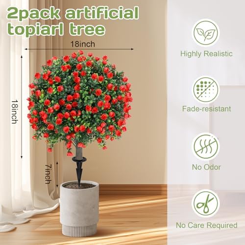 Artificial Red Rose Ball Tree 25 Inches Set of 2 UV Resistant