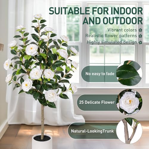 47 Inch Artificial Camellia Tree with White Flower Pots - 2 Pack