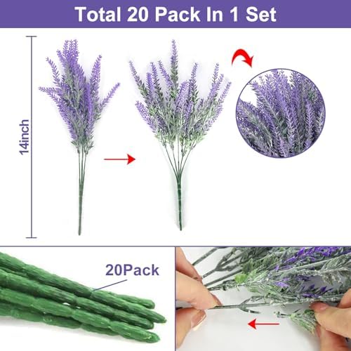 TURNMEON 20 Bundle Artificial Lavender Flowers UV Resistant