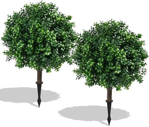 24 Inch High Artificial Boxwood Topiary Ball Set of 2 with Stakes