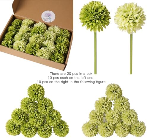 Kimuras Cabin 20Pcs Green Artificial Chrysanthemums Silk Ball Flowers