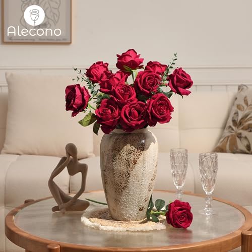 Alecono Real Touch Artificial Roses 20Pcs 4in Red Velvet Flowers