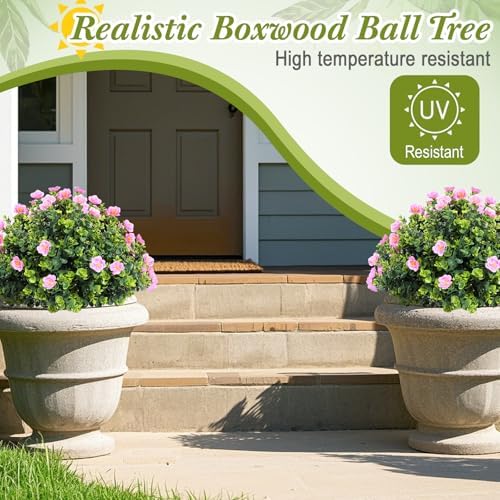 XunYee 4 Pcs 20 Inch Artificial Topiary Trees with Pink Flowers