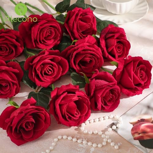 Alecono Real Touch Artificial Roses 20Pcs 4in Red Velvet Flowers