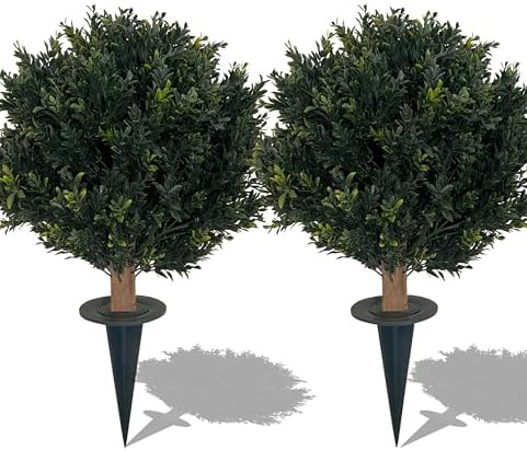 Artificial Boxwood Ball Bush 27 Inch UV Resistant with Spike 2 Pack