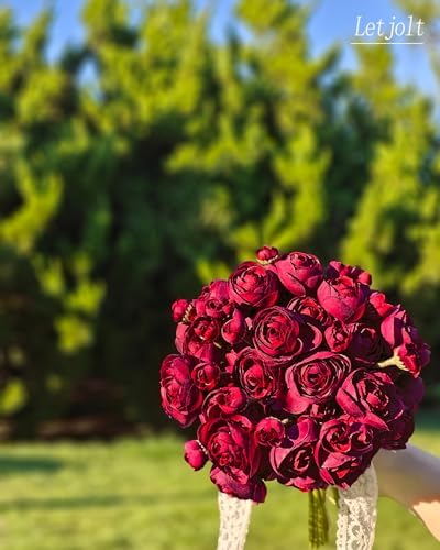 Letjolt 18 Pcs Dark Red Ranunculus Artificial Flowers Wedding Bouquets Centerpieces