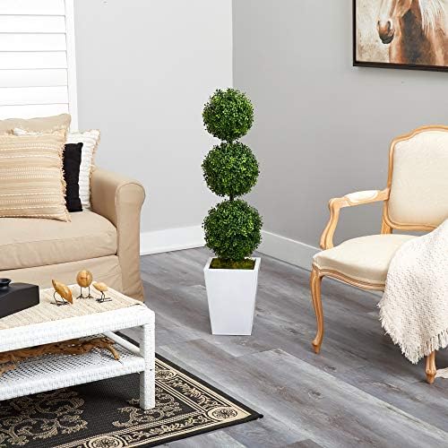 Nearly Natural 46in Boxwood Triple Ball Topiary Artificial Tree in White Metal Planter