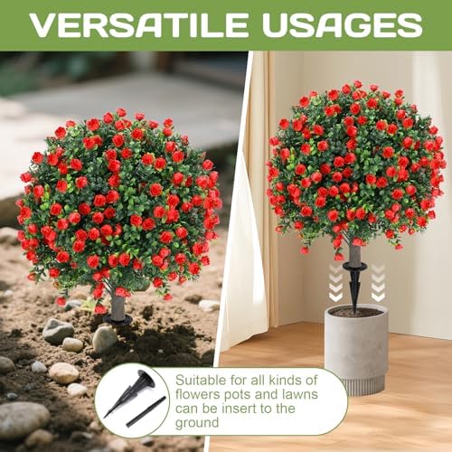 Artificial Red Rose Ball Tree 25 Inches Set of 2 UV Resistant