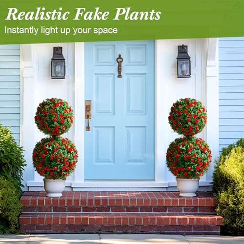 Yunlly 2 Pack 28 Inch Outdoor Artificial Rose Topiary Trees