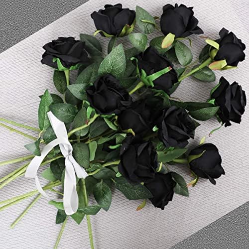 Hawesome 12PCS Artificial Silk Roses Bouquet with Realistic Black Stems