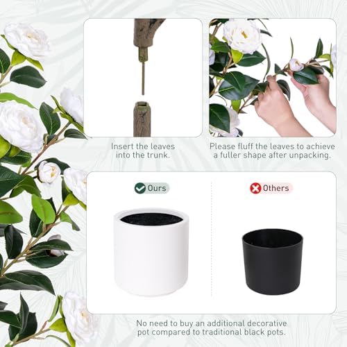 47 Inch Artificial Camellia Tree with White Flower Pots - 2 Pack