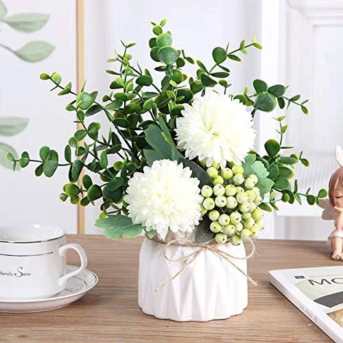 LADADA Artificial Hydrangea and Eucalyptus Fake Plant in White Ceramic Vase