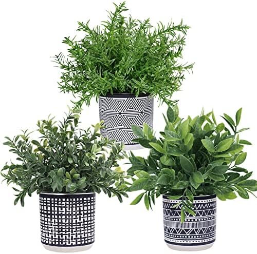 Winlyn Set of 3 Artificial Potted Plants in Black and White Geometric Pots